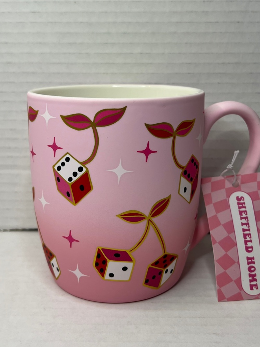 Sheffield Home Matt Pink Ombré Gold White Dice Cherry Ceramic Mug New